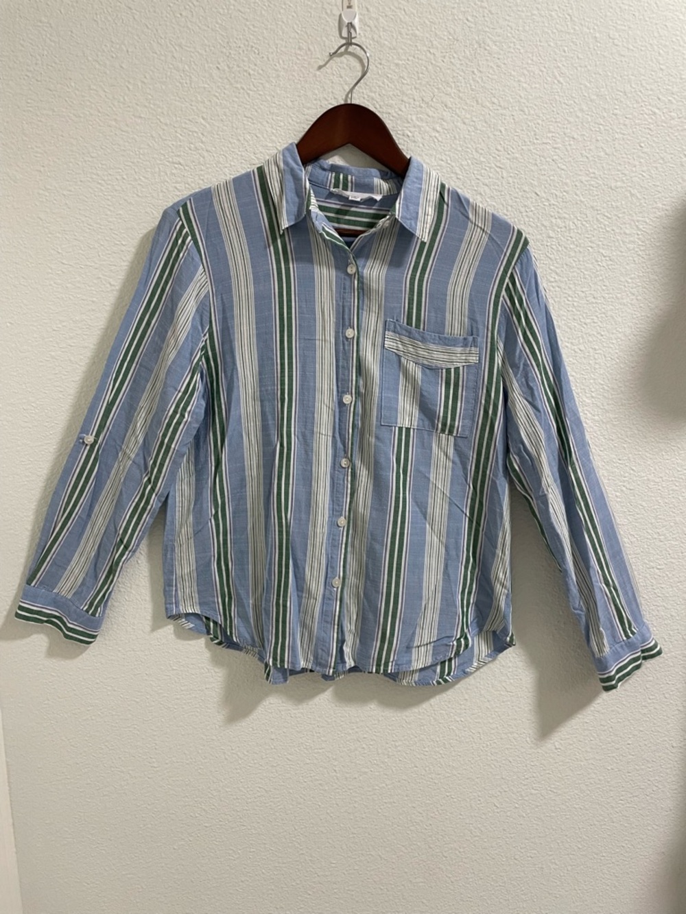 Jane and Delancey Blue and Green Striped Button-Down Shirt - Picture 1 of 4
